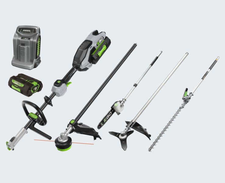 EGO multitool set MHBC1204E incl. basismachine, heggenschaar, bosmaaier, snoeizaag, grastrimmer, 5 ah accu en snellader